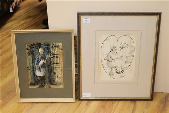 Honeysett, pen and ink, Cartoon Inflata-Cupid, signed, 29 x 22cm and three other pictures